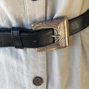1980s Black Leather Belt w/ Acrylic Covered Faux Wood Buckle Vintage 1980s